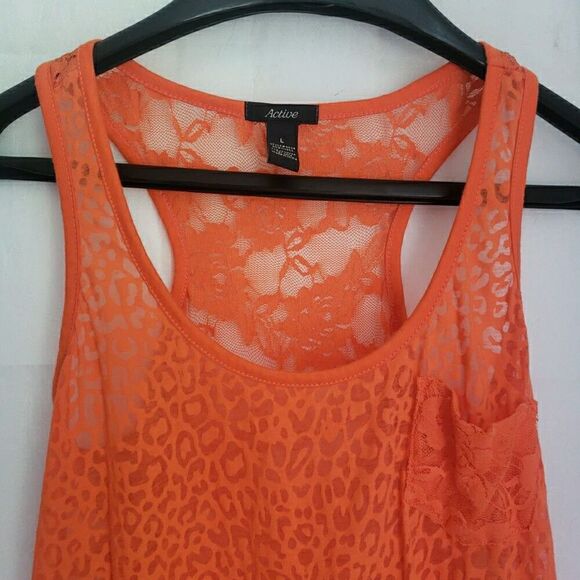 Y2k Tank Top Orange Floral Lace Back Sheer Cheetah Front 90's 2000s Women's Sz L - Picture 2 of 11